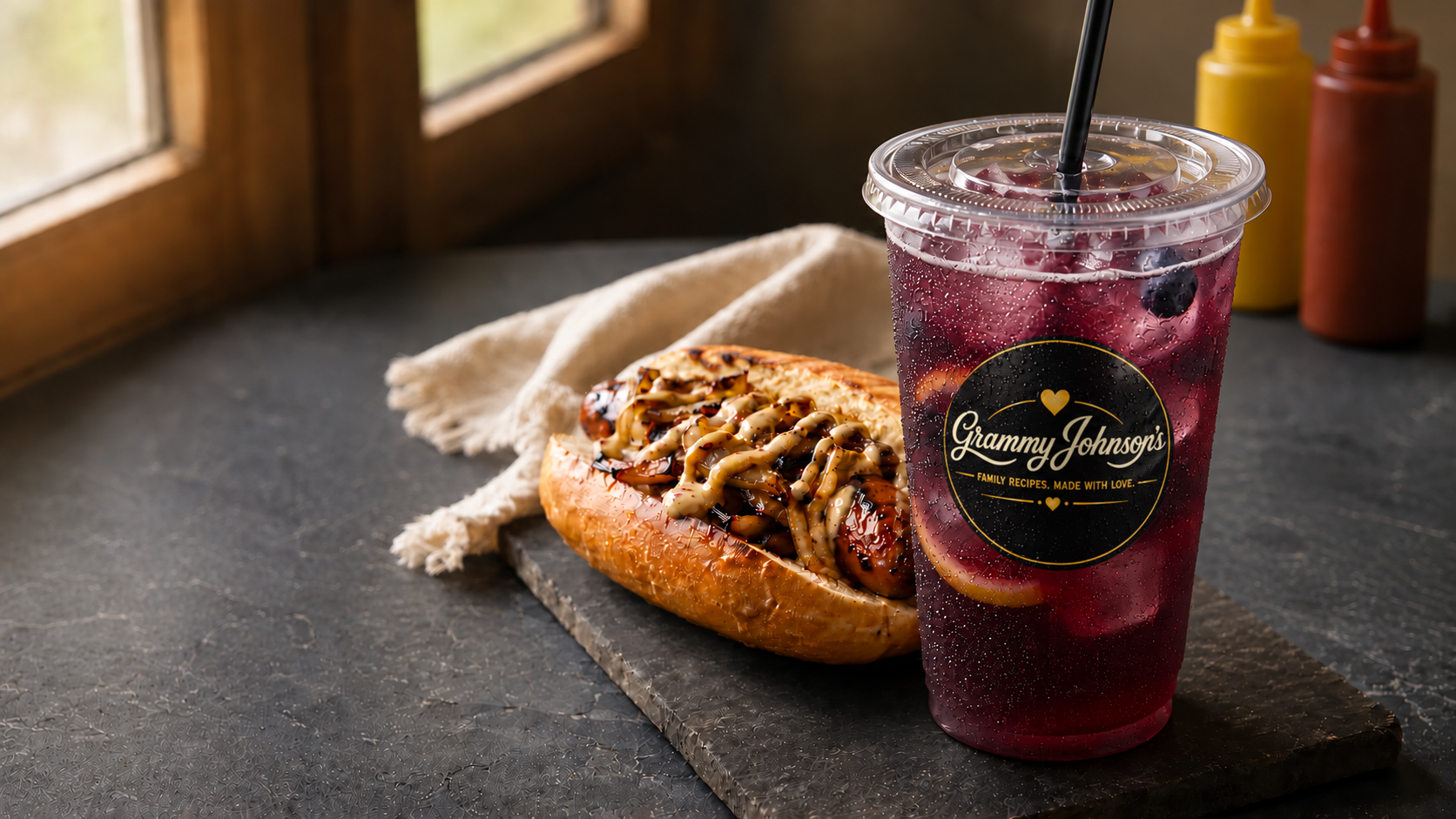Grammy Johnson’s gourmet hot link and Blueberry Bliss Lemonade in a logo-branded to-go cup with a lid and straw